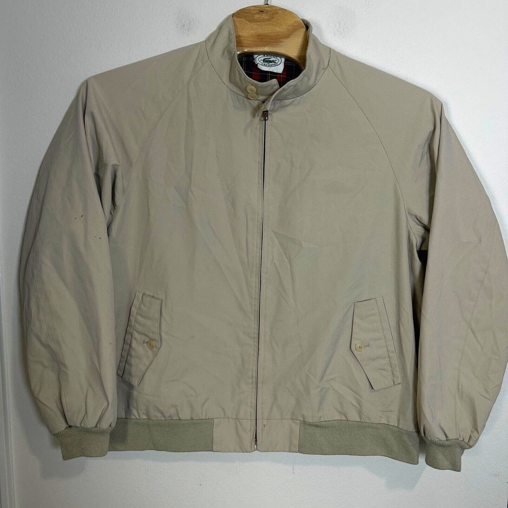 Vintage IZOD Lacoste Jacket Mens XL Beige Plaid Lined Full Zip Pockets